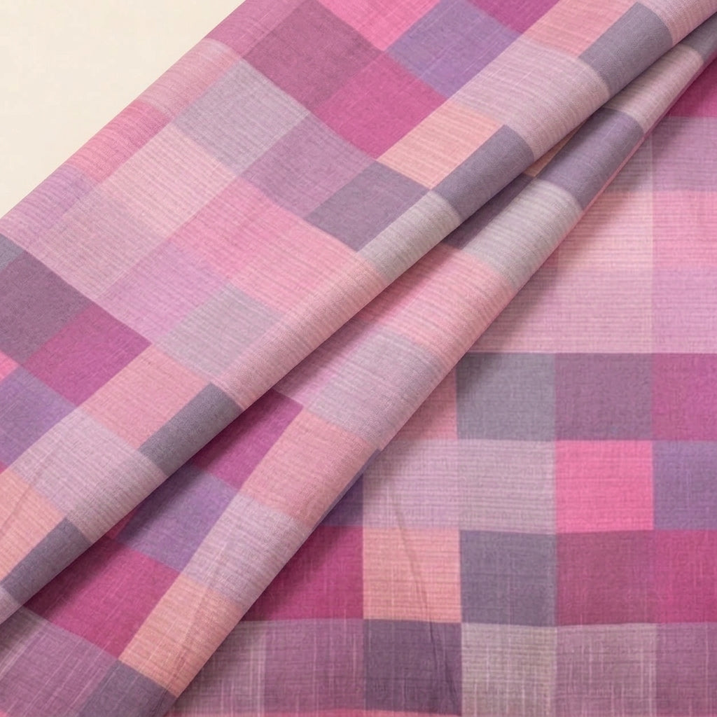 Folded Checked Pink Checked Raw Silk Fabric