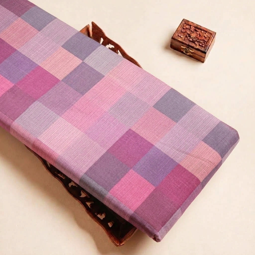 Folded Pink Checked Raw Silk Fabric Highlighting and Texture