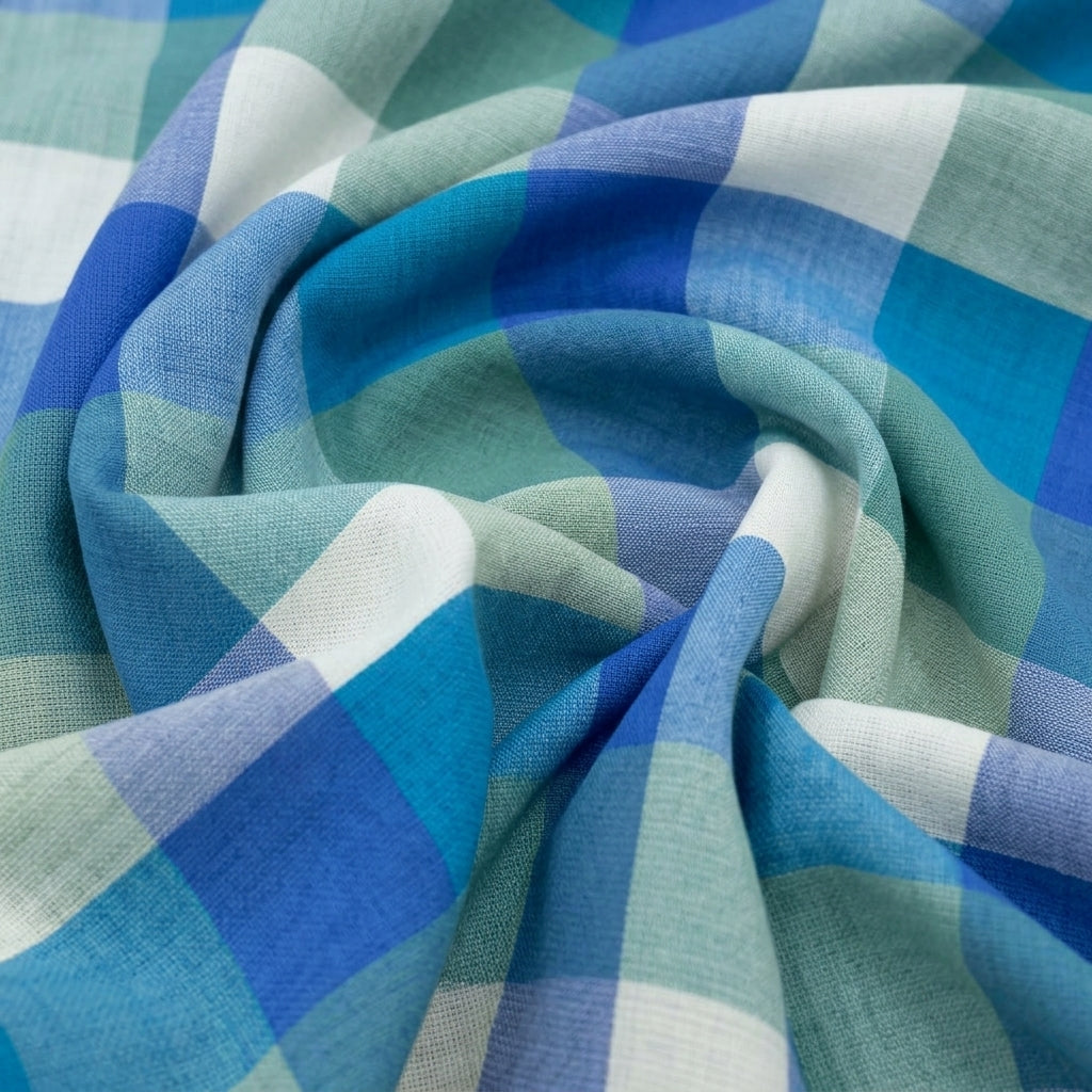 Swirled Checked Blue Checked Raw Silk Fabric