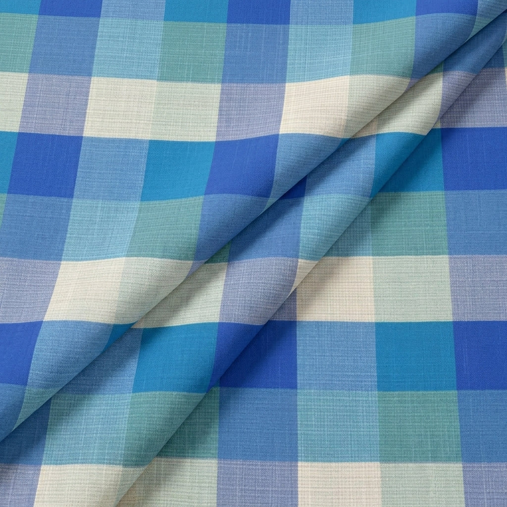 Folded Checked Blue Checked Raw Silk Fabric