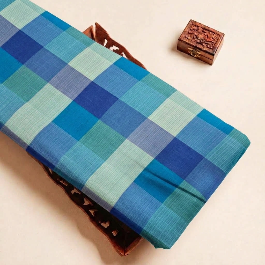Folded Blue Checked Raw Silk Fabric Highlighting and Texture