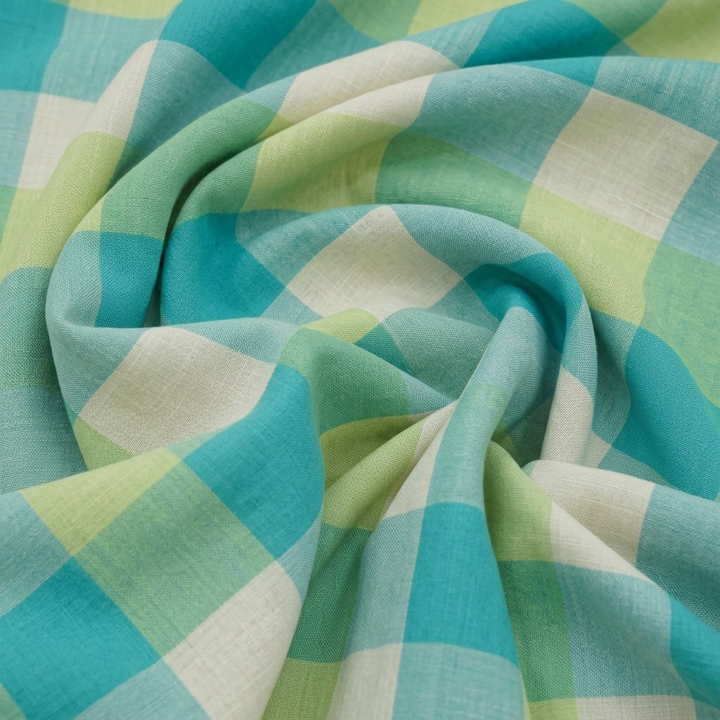 Swirled Checked Green Checked Raw Silk Fabric