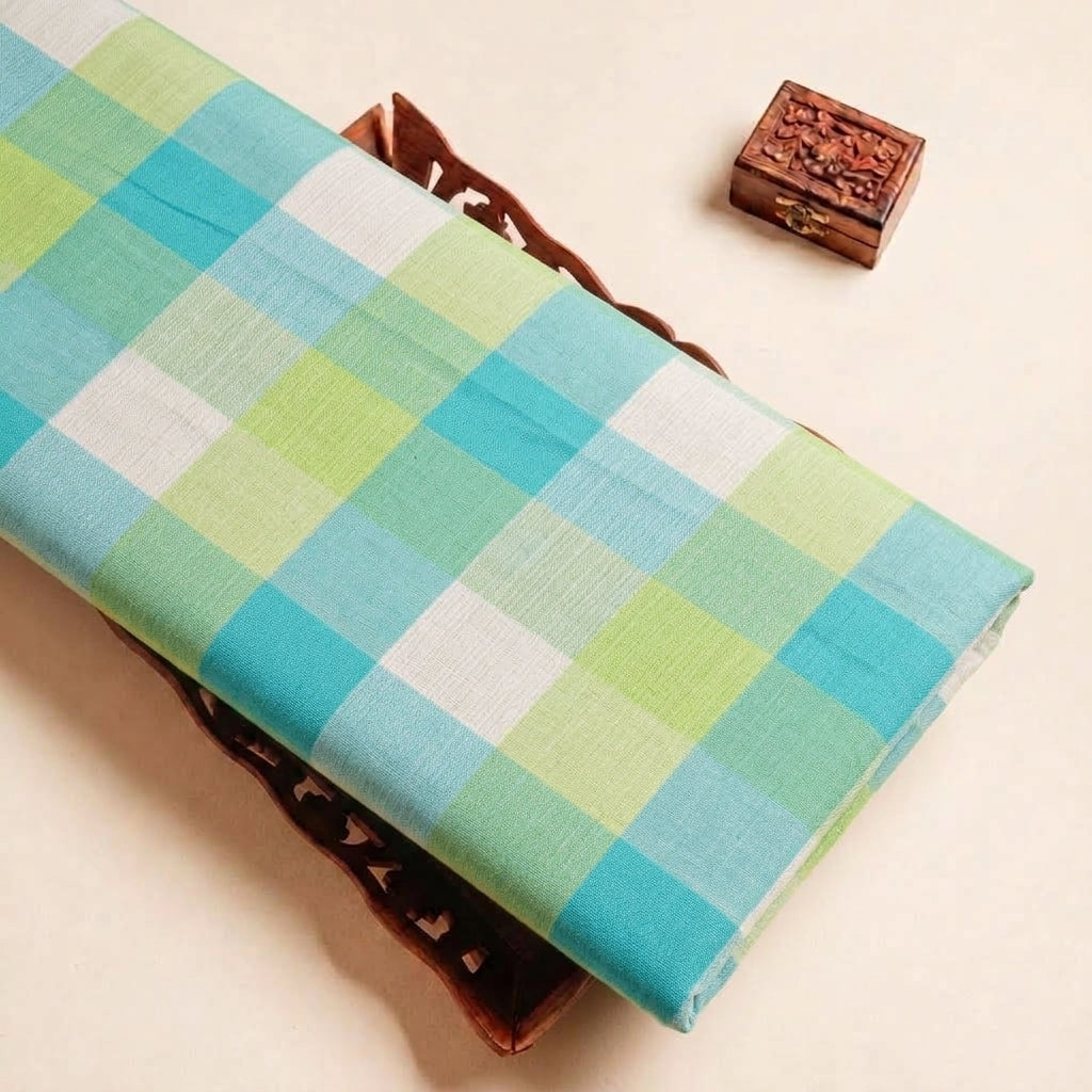 Folded Green Checked Raw Silk Fabric Highlighting and Texture