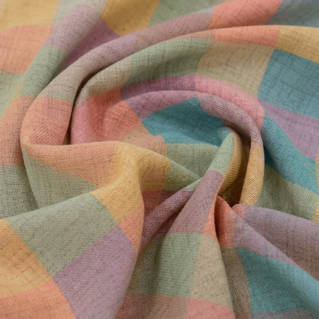 Swirled Checked Multicolor Checked Raw Silk Fabric