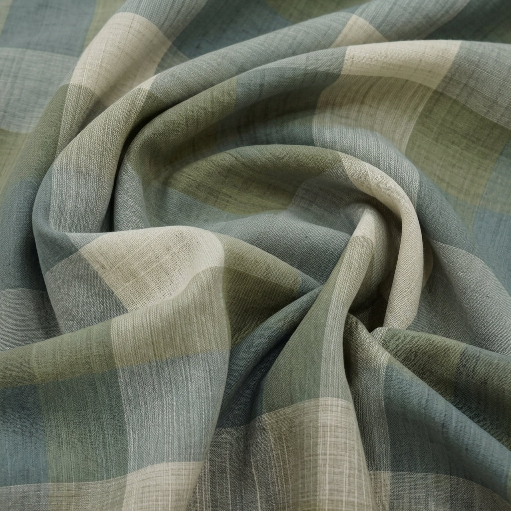 Swirled Checked Light Green Checked Raw Silk Fabric