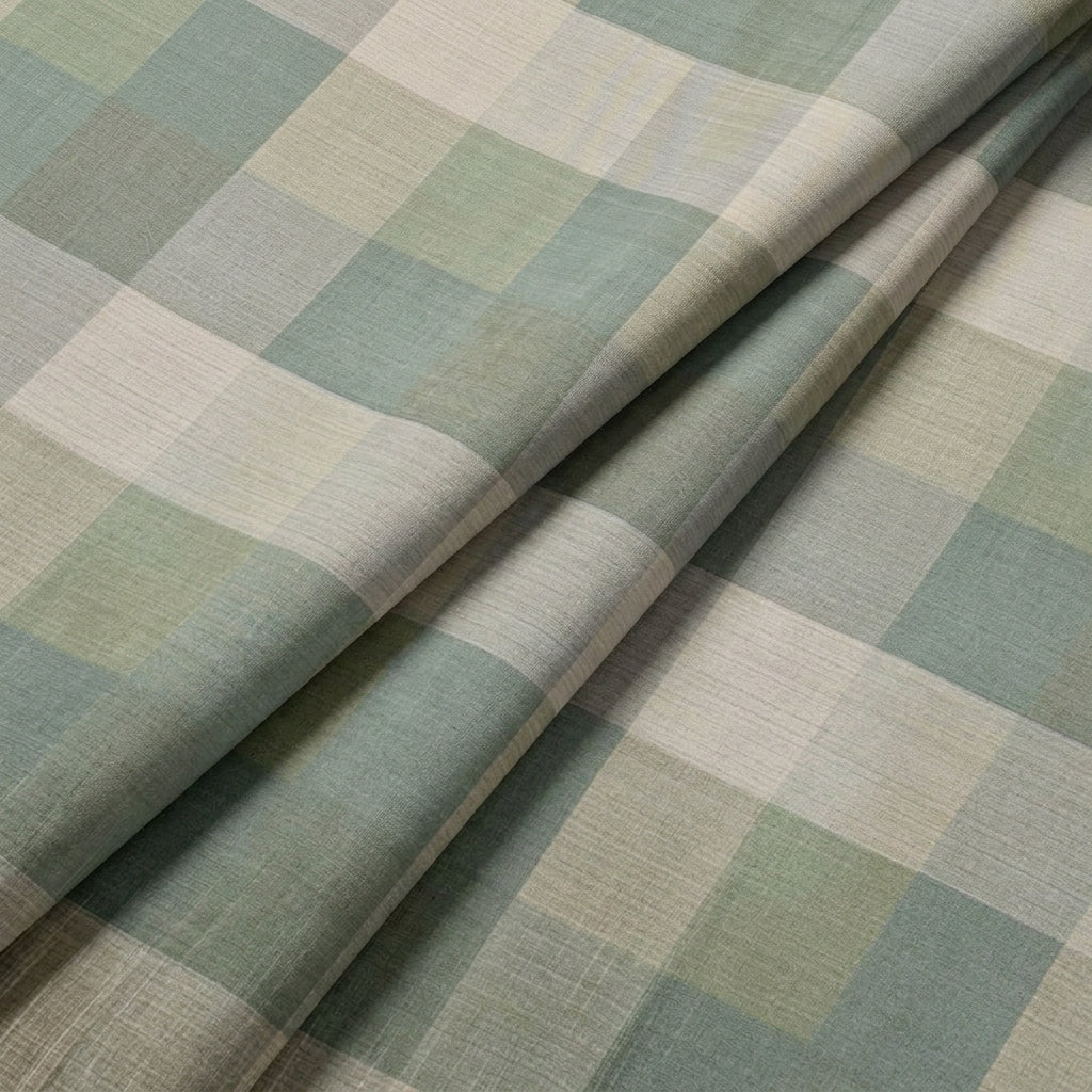 Folded Checked Light Green Checked Raw Silk Fabric