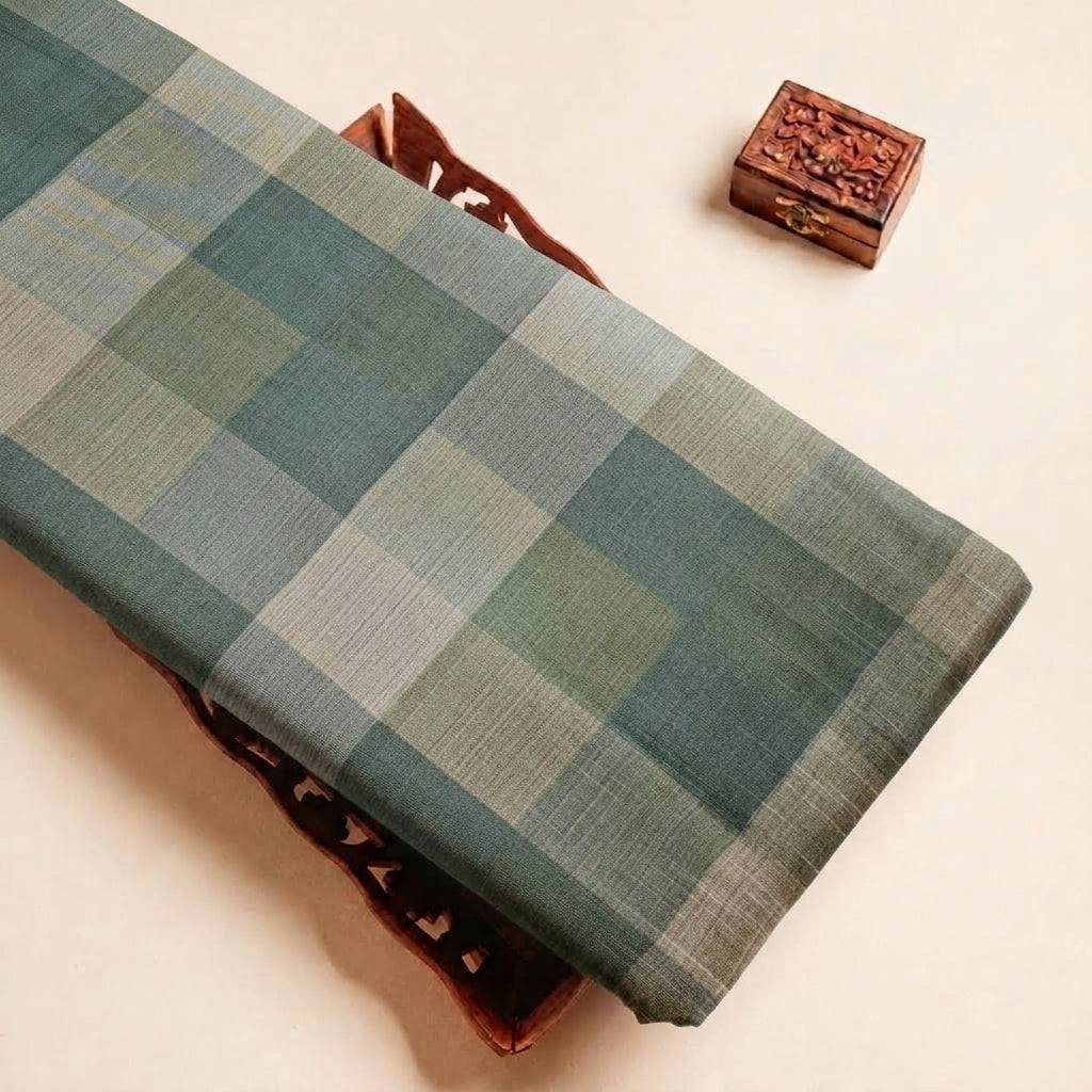 Folded Light Green Checked Raw Silk Fabric Highlighting and Texture