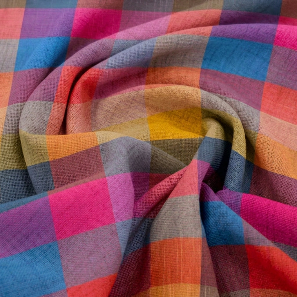 Swirled Checked Multicolor Checked Raw Silk Fabric