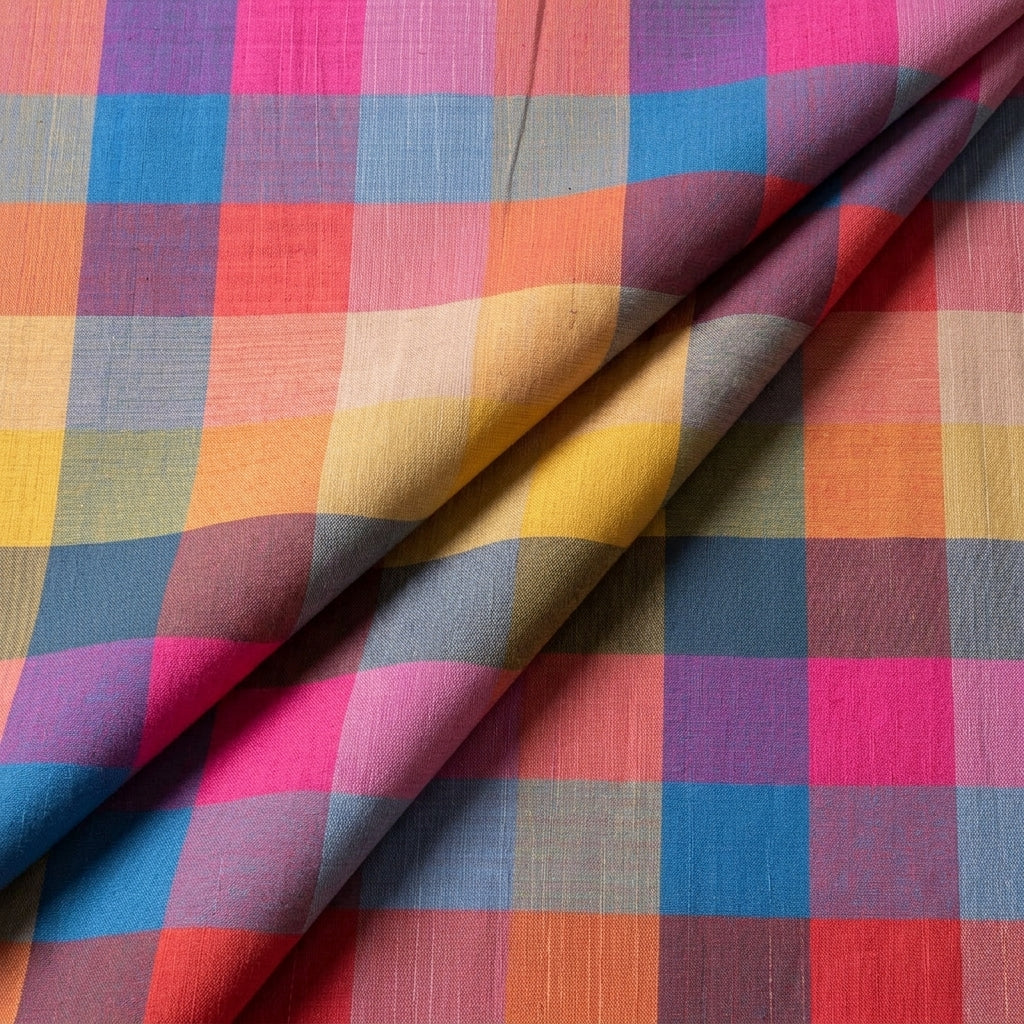 Folded Checked Multicolor Checked Raw Silk Fabric