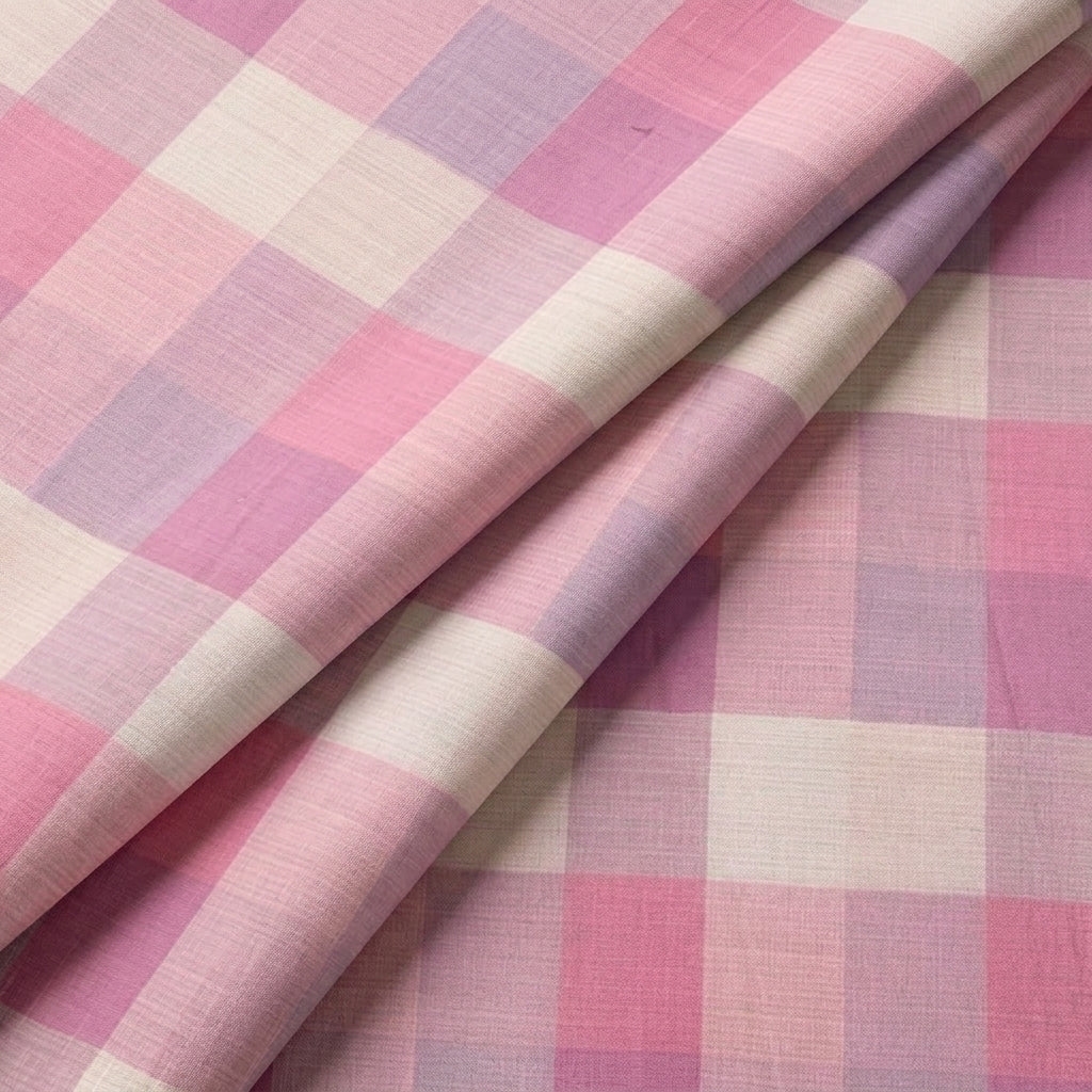 Folded Checked Pink Checked Raw Silk Fabric