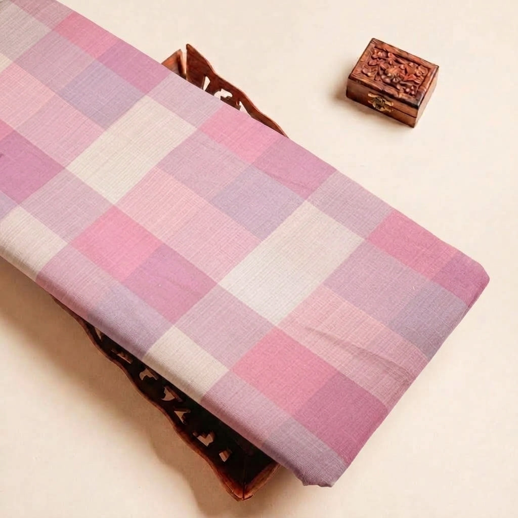 Folded Pink Checked Raw Silk Fabric Highlighting and Texture