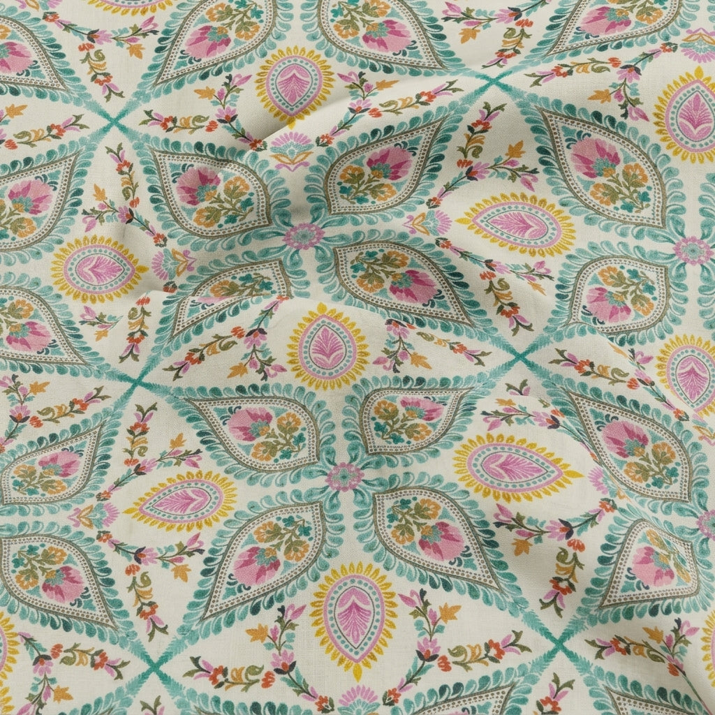 Swirled Paisley White Paisley Linen Fabric