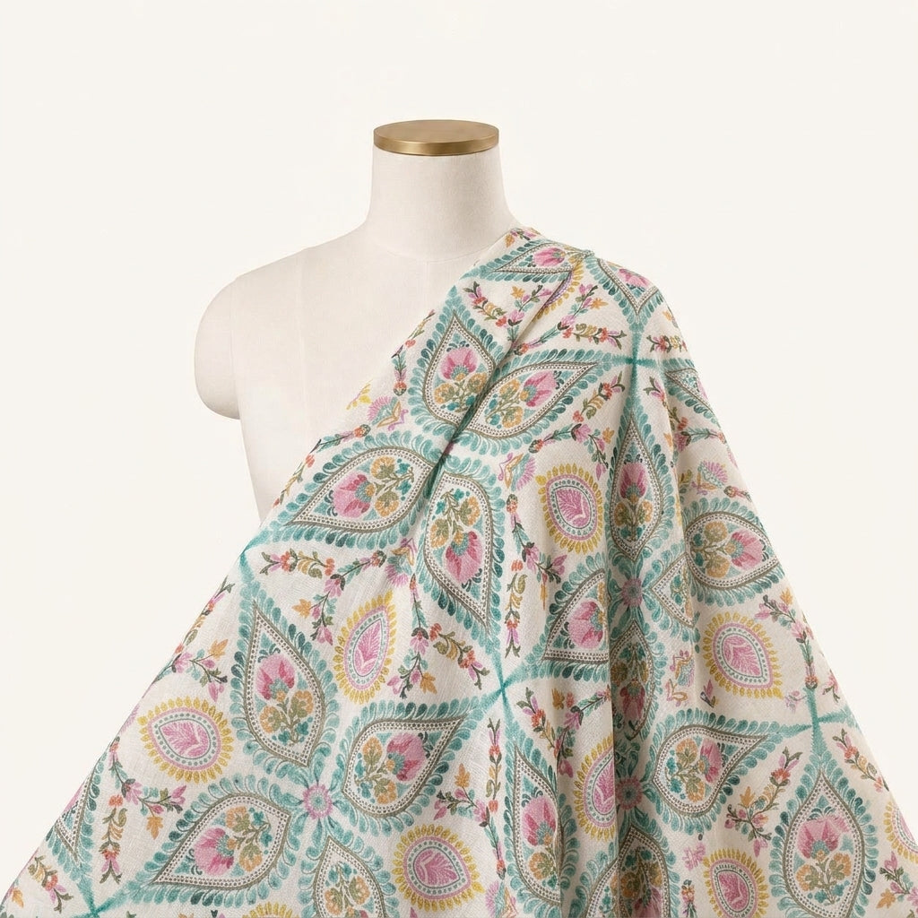 Paisley White Paisley Linen Fabric Draped as a saree