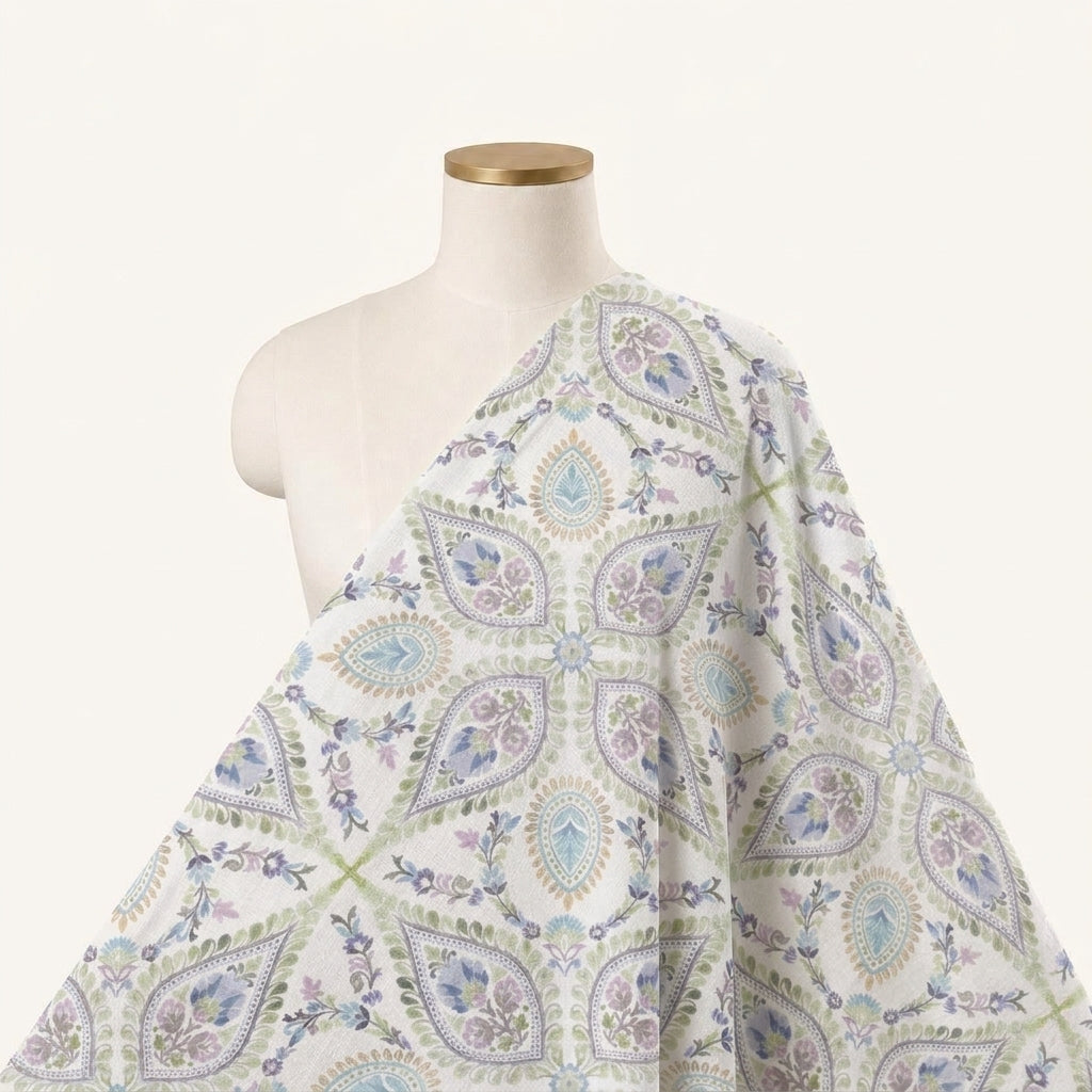 Paisley White Paisley Linen Fabric Draped as a saree