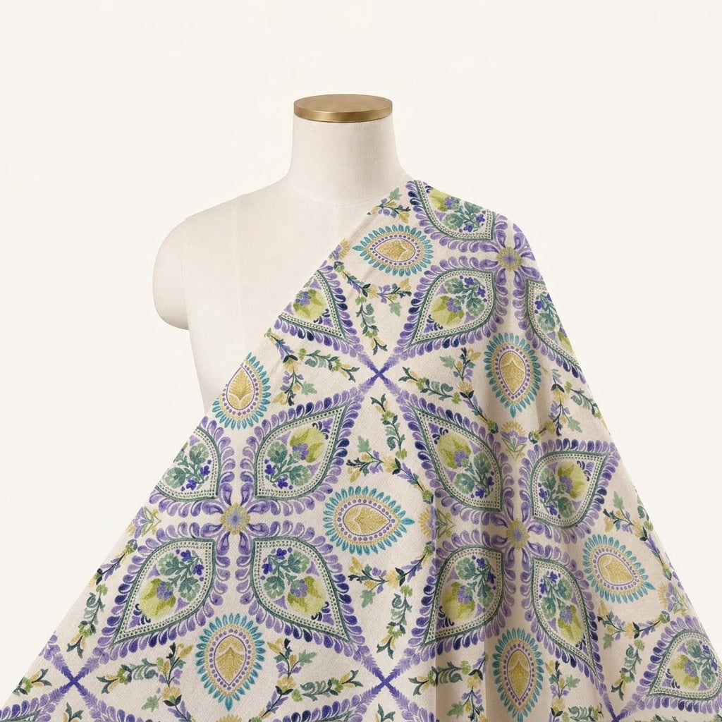 Paisley White Paisley Linen Fabric Draped as a saree