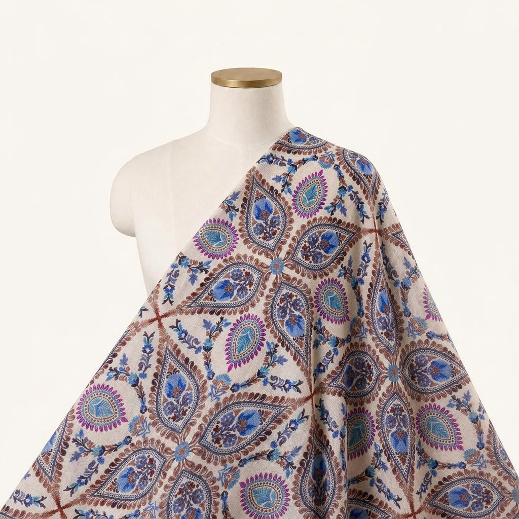 Paisley Beige Paisley Linen Fabric Draped as a saree