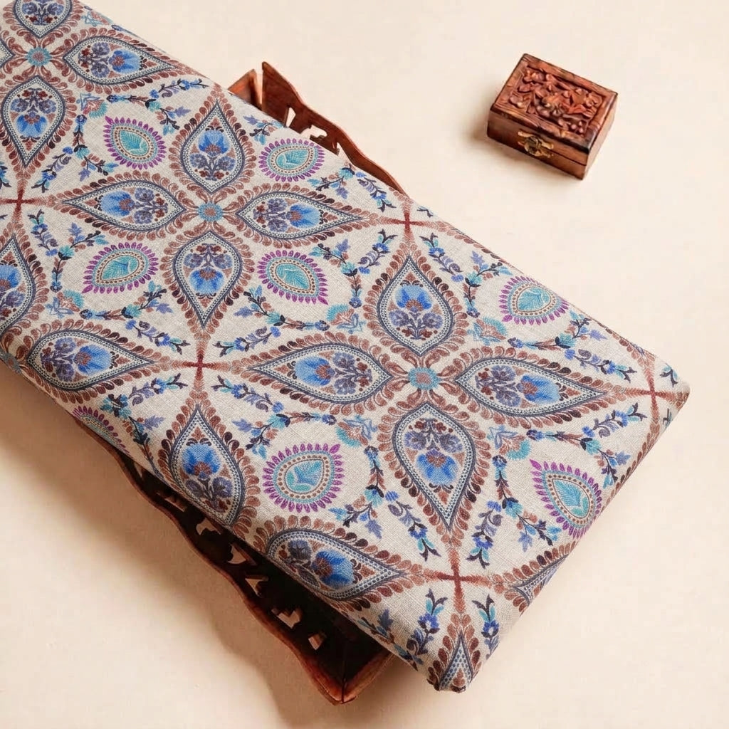 Folded Beige Paisley Linen Fabric Highlighting and Texture