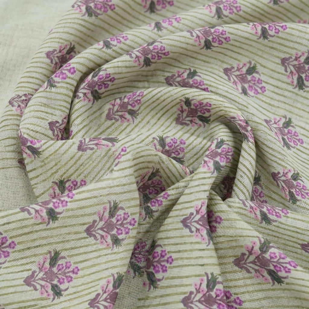 Swirled Floral Green Floral Linen Fabric