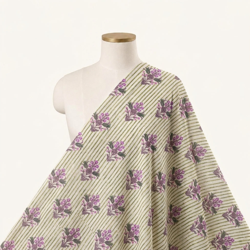 Floral Green Floral Linen Fabric Draped as a saree