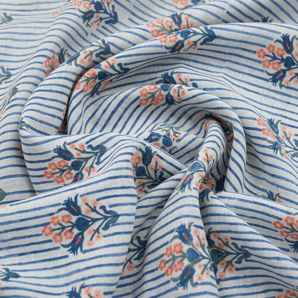 Swirled Floral Blue Floral Linen Fabric