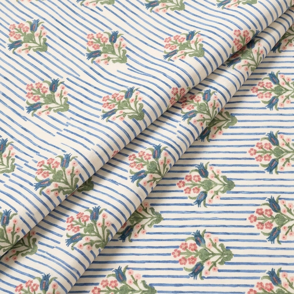 Folded Floral Blue Floral Linen Fabric