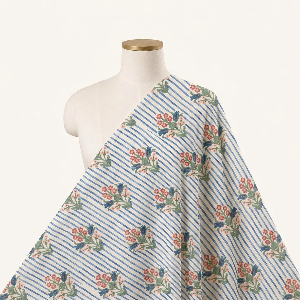 Floral Blue Floral Linen Fabric Draped as a saree