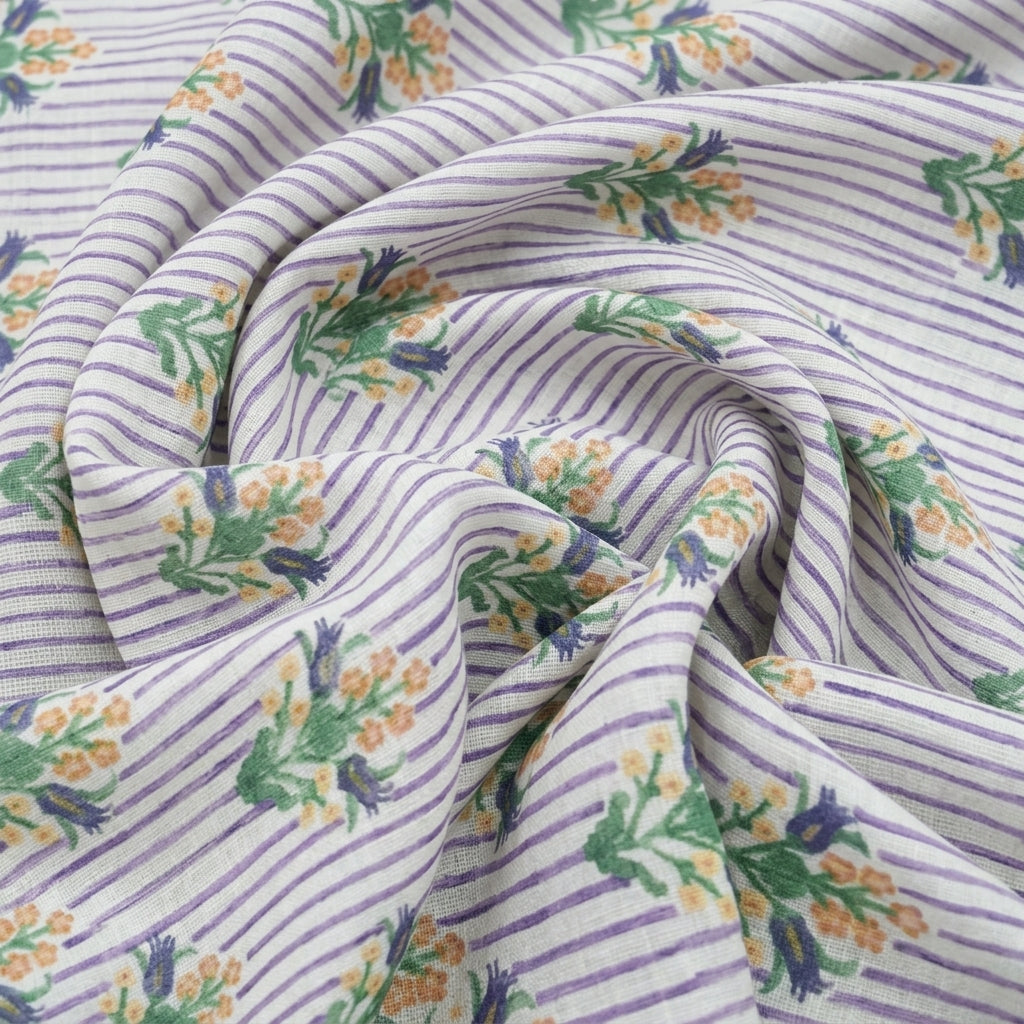 Swirled Floral Purple Floral Linen Fabric