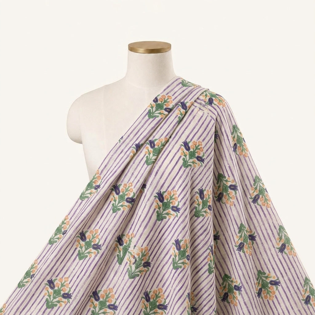 Floral Purple Floral Linen Fabric Draped as a saree