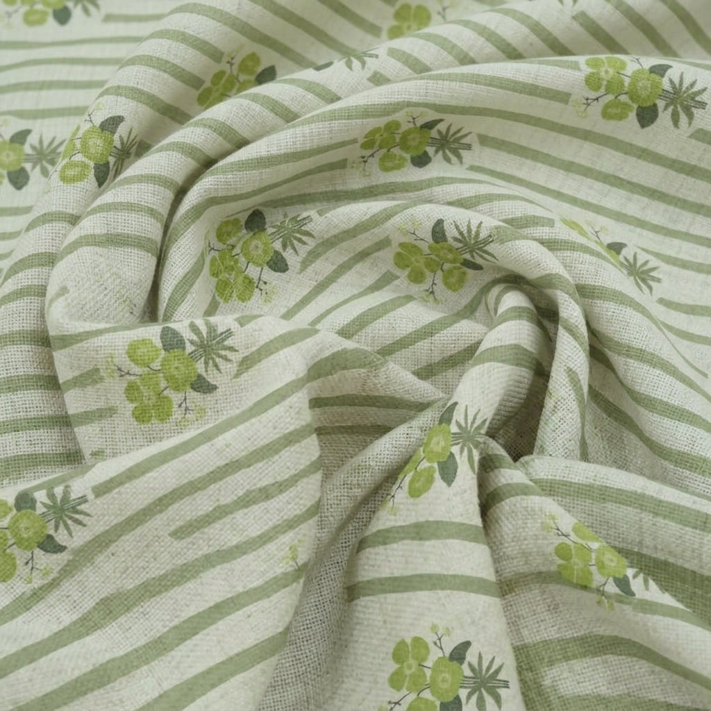 Swirled Floral Green Floral Linen Fabric