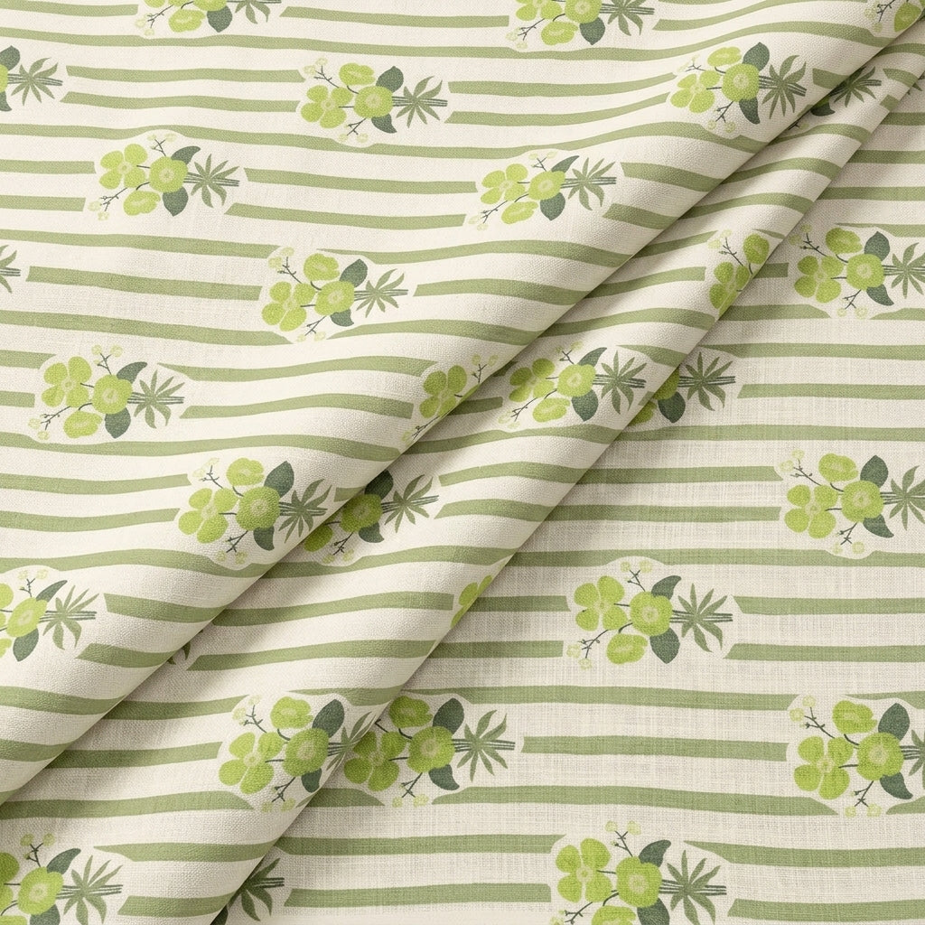 Folded Floral Green Floral Linen Fabric