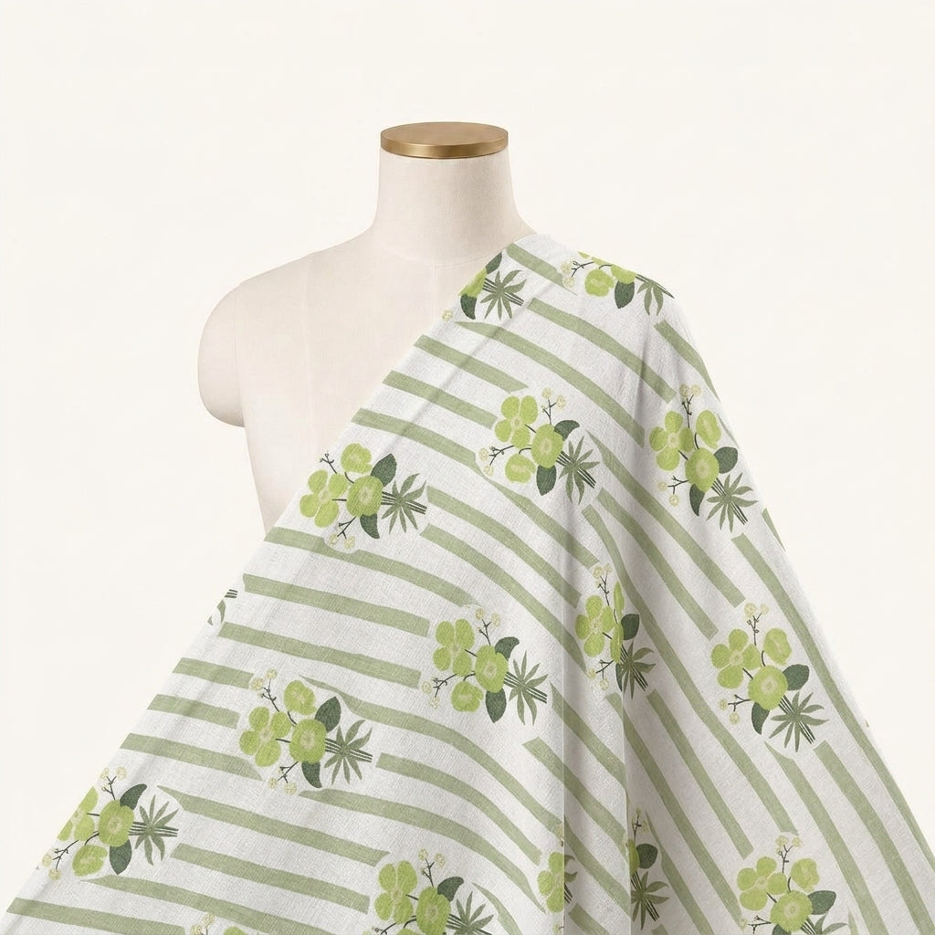 Floral Green Floral Linen Fabric Draped as a saree