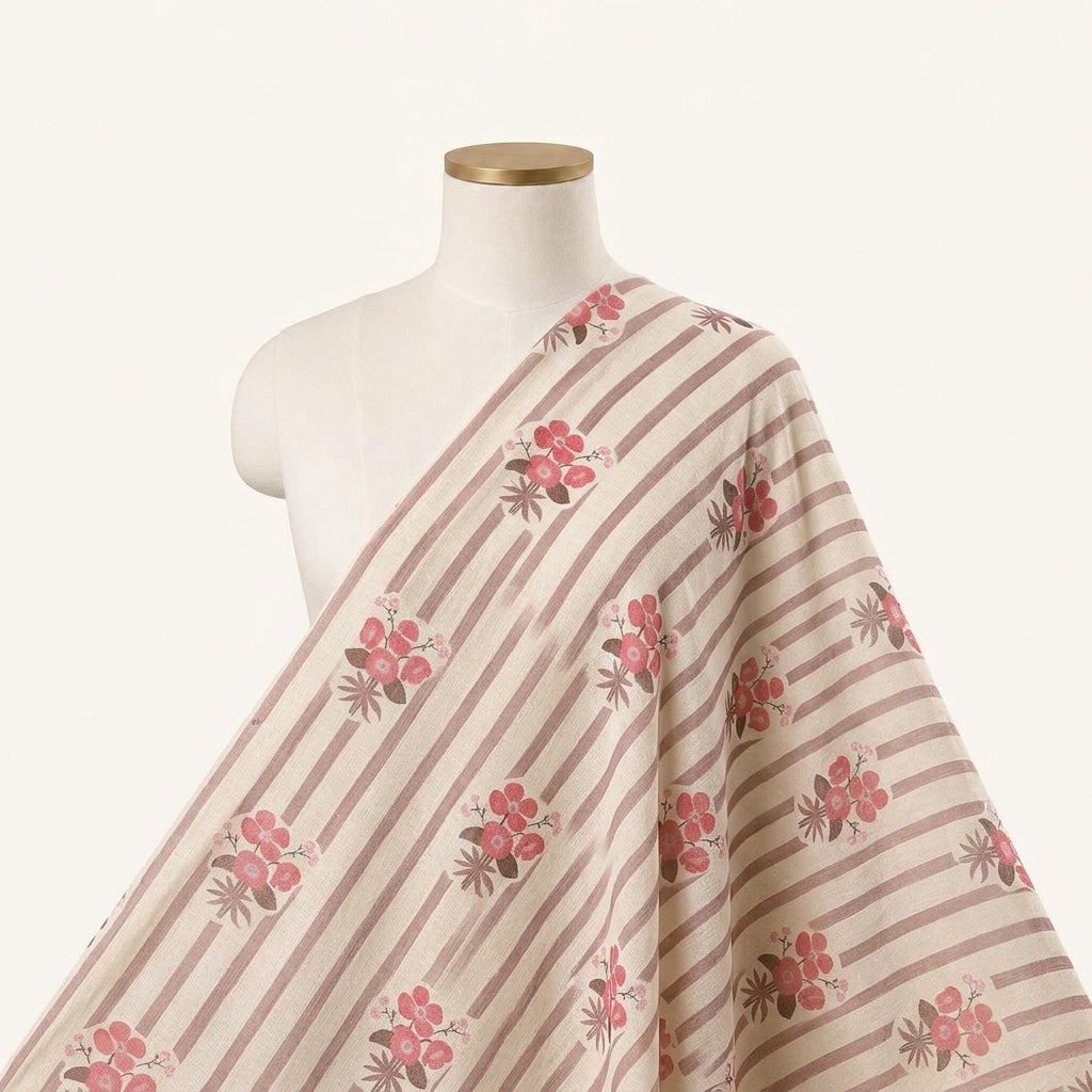 Floral Pink Floral Linen Fabric Draped as a saree