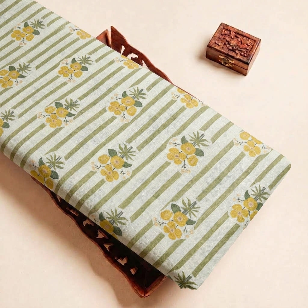 Folded Yellow Floral Linen Fabric Highlighting Stripes and Texture