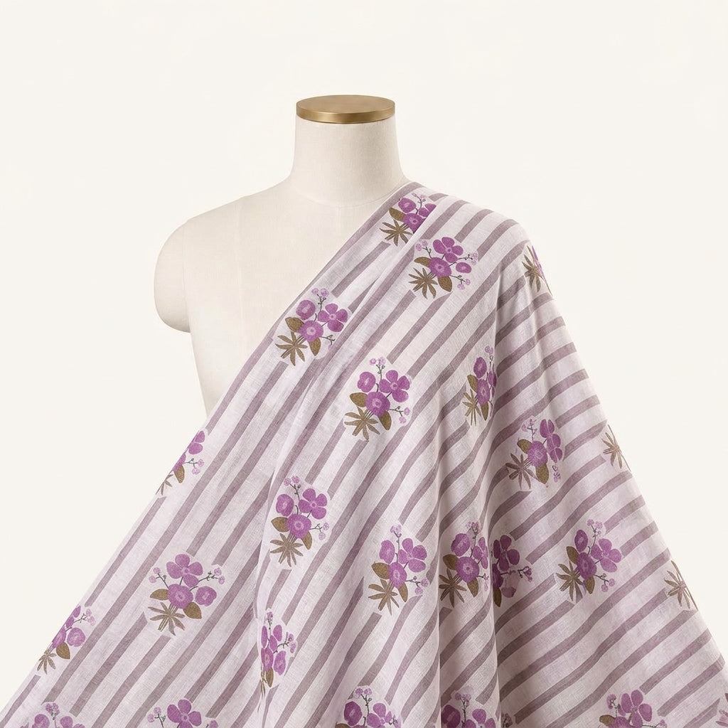Floral Violet Floral Linen Fabric Draped as a saree