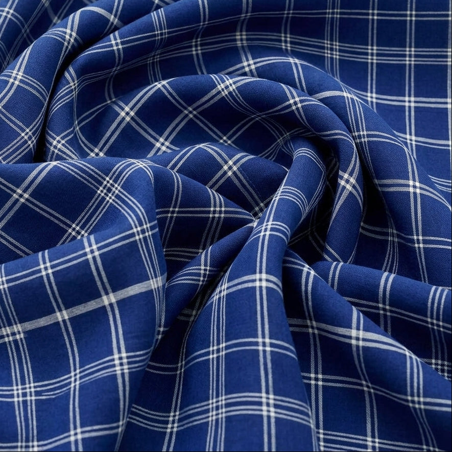 Swirled Blue Checked Cotton Fabric Showing Drape