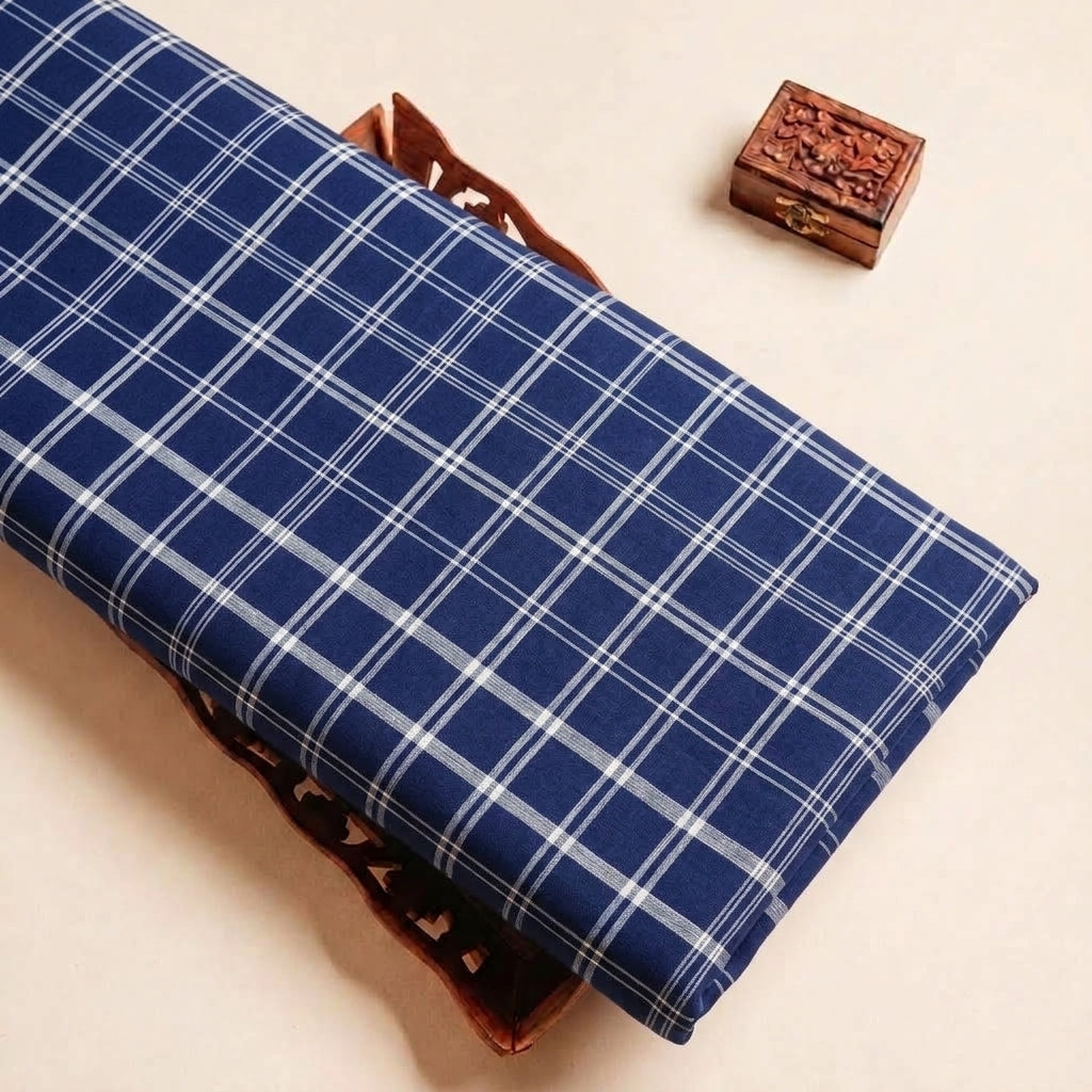 Folded Blue Checked Cotton Fabric Highlighting Texture