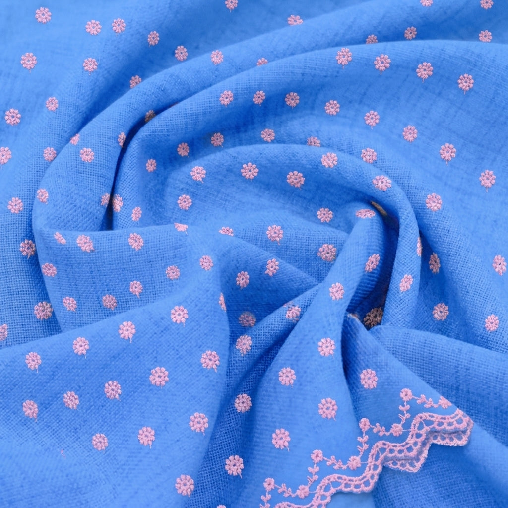 Swirled Embroidery Light Blue Embroidery Cotton Fabric