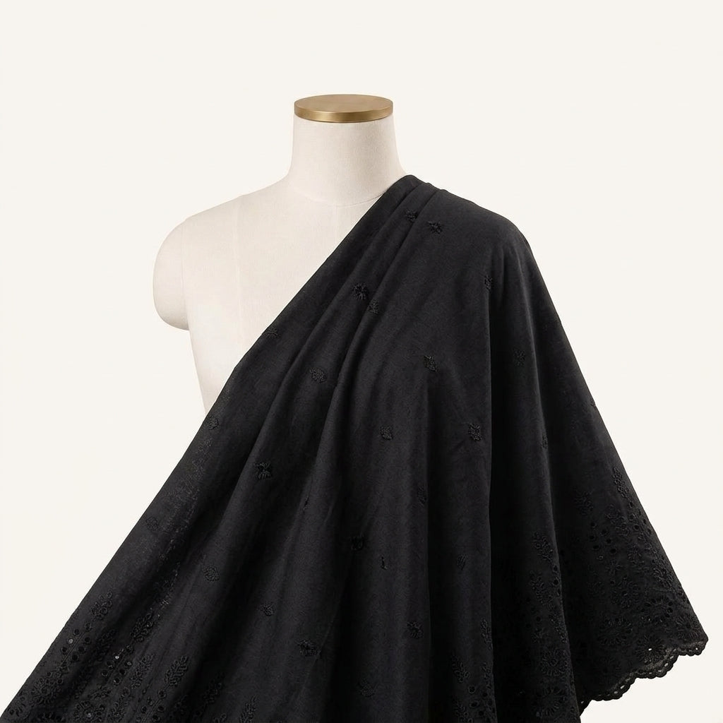 Black Embroidery Cotton Fabric - EC17369 - EC17369 - saree_drape