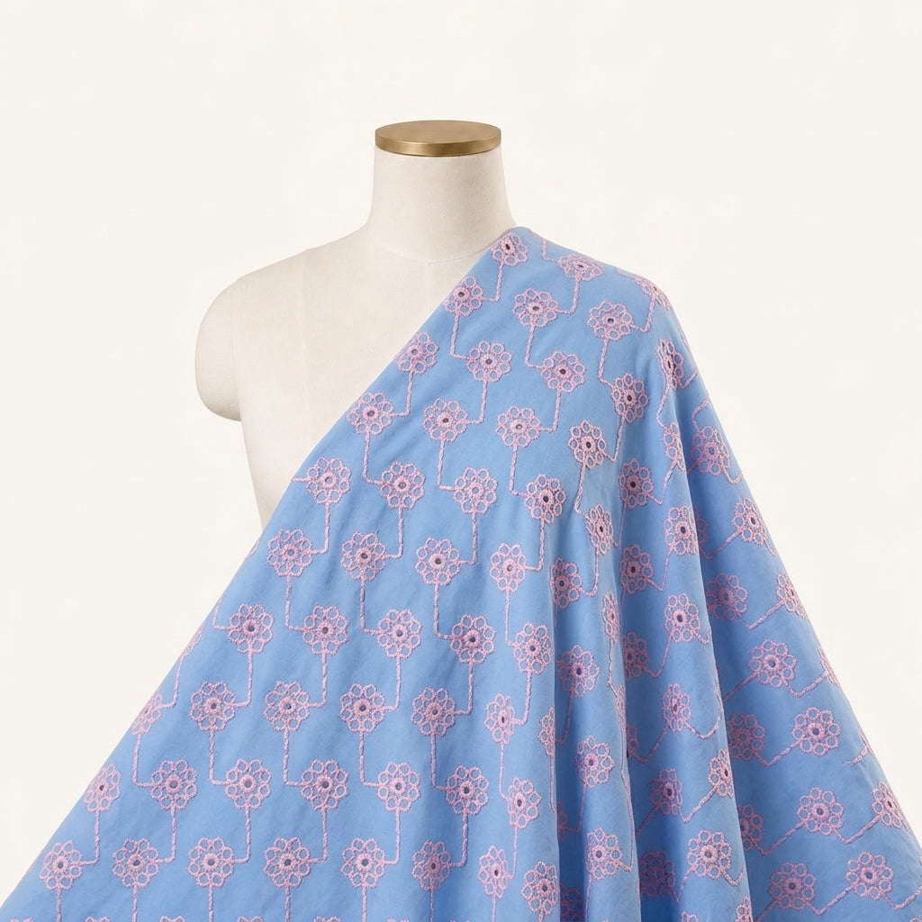 Embroidery Light Blue Embroidery Cotton Fabric Draped as a saree