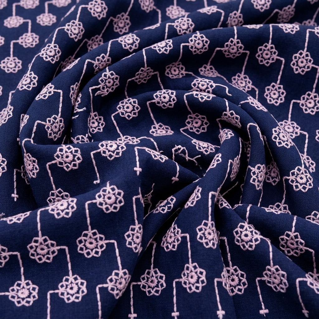Swirled Embroidery Navy Blue Embroidery Cotton Fabric