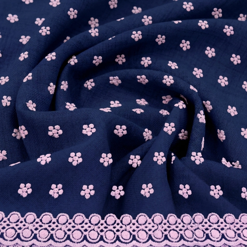 Swirled Embroidery Navy Blue Embroidery Cotton Fabric