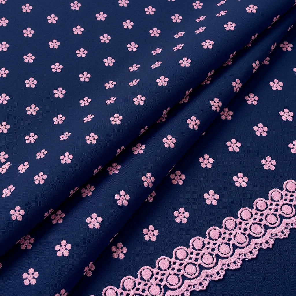 Folded Embroidery Navy Blue Embroidery Cotton Fabric