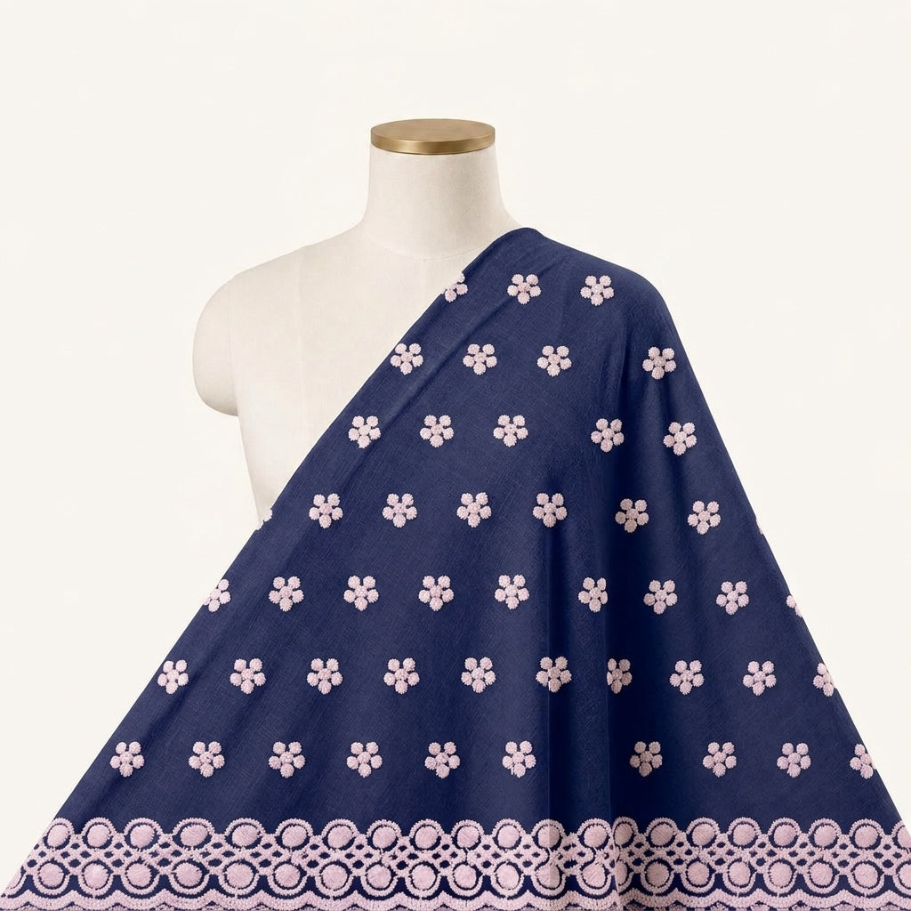 Embroidery Navy Blue Embroidery Cotton Fabric Draped as a saree