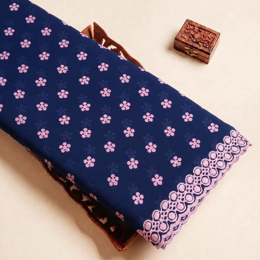 Folded Navy Blue Embroidery Cotton Fabric Highlighting Floral Thread Work and Texture