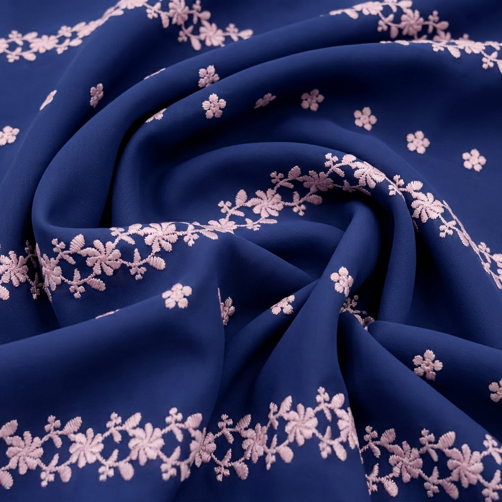 Swirled Embroidery Navy Blue Embroidery Cotton Fabric