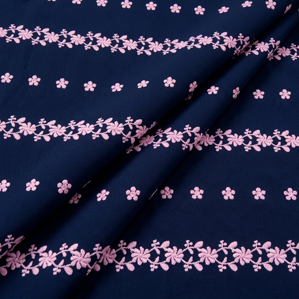 Folded Embroidery Navy Blue Embroidery Cotton Fabric