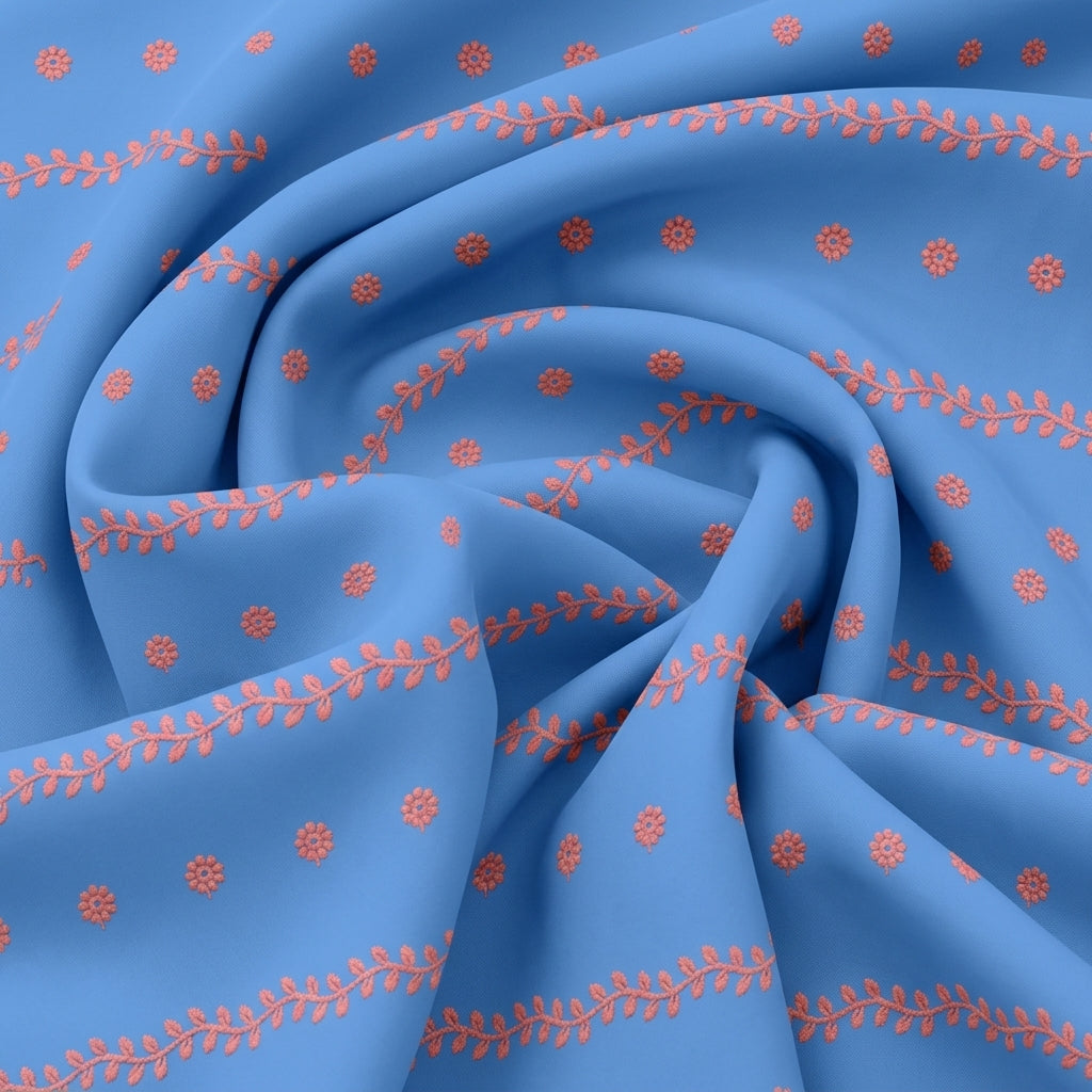 Swirled Embroidery Light Blue Embroidery Cotton Fabric