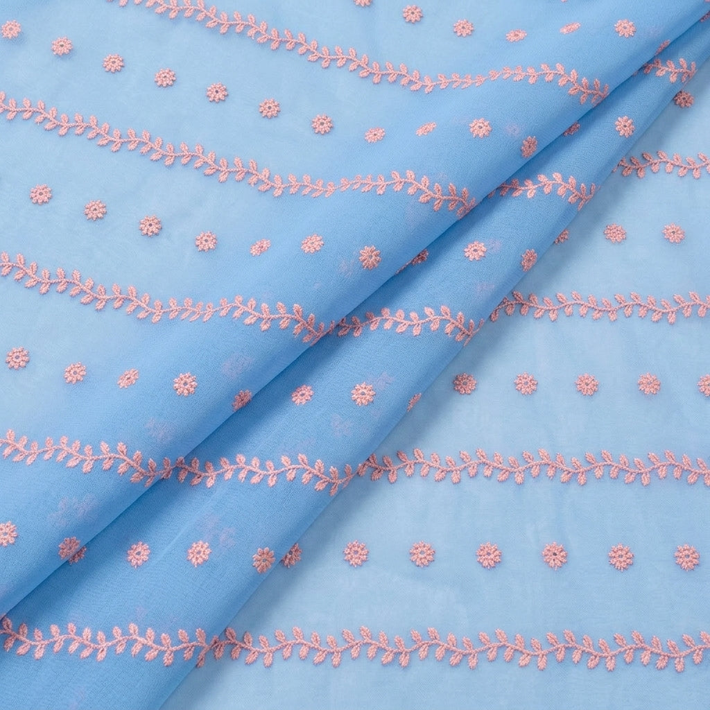 Folded Embroidery Light Blue Embroidery Cotton Fabric