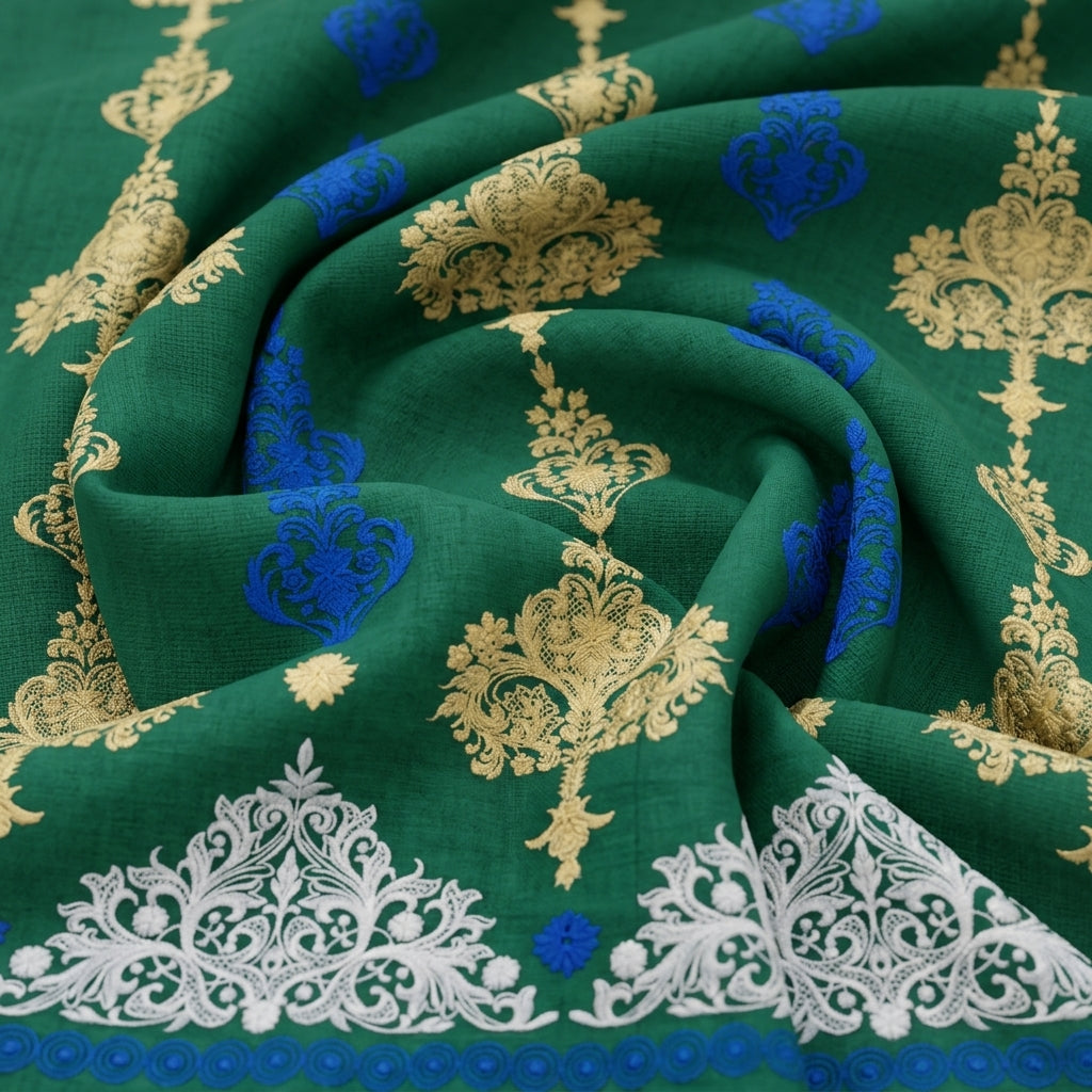 Swirled Embroidery Green Embroidery Cotton Fabric
