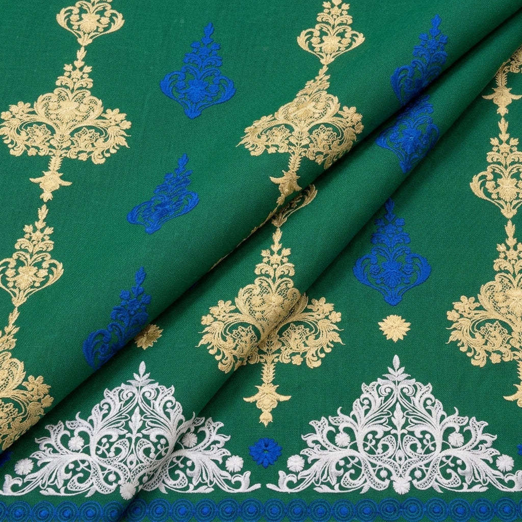 Folded Embroidery Green Embroidery Cotton Fabric